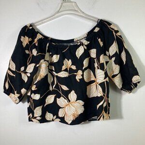 Womens Cynthia Rowley Off Shoulder Cropped Linen Top Floral Black Cream M